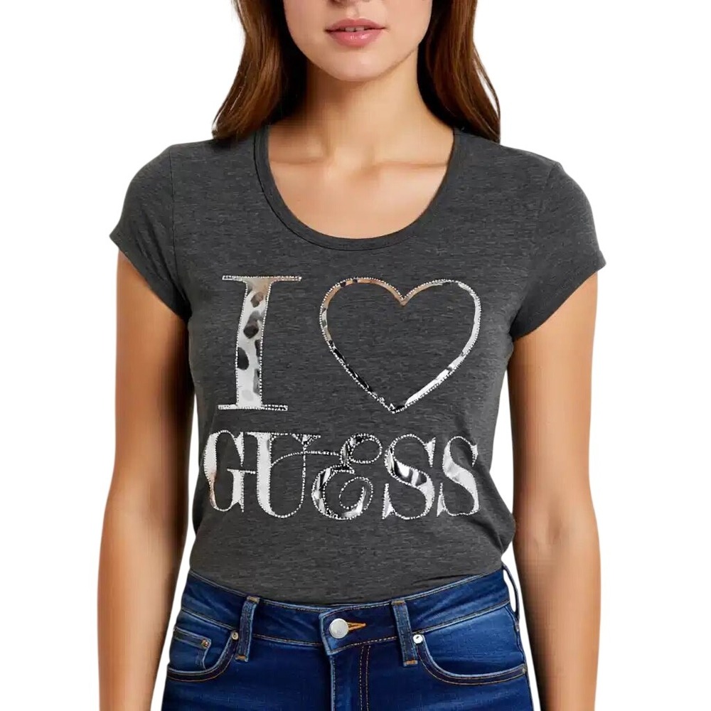 Guess‎ Women Charcoal Gray I Heart Guess Rhinestone Leopard Graphic Tee Sm NWT